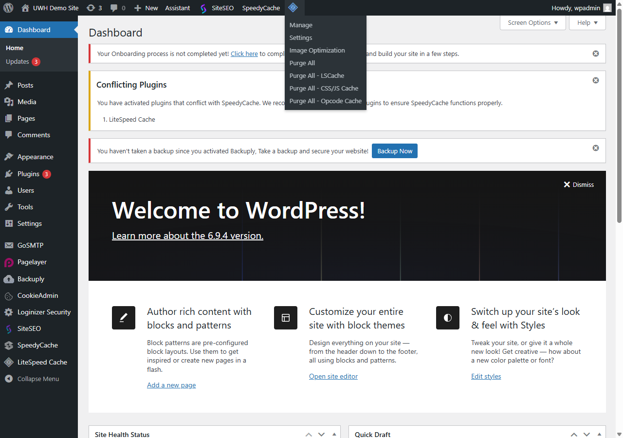 WordPress admin toolbar showing the LiteSpeed Cache menu with the Purge All option