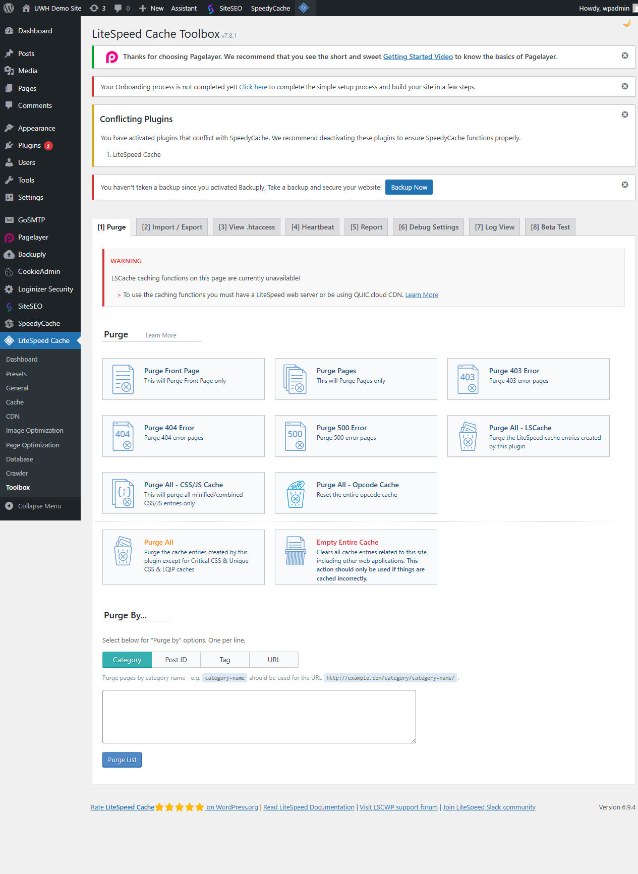 LiteSpeed Cache Toolbox Purge tab with targeted purge options including CSS/JS Cache and Cache by URL