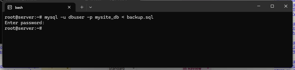 SSH terminal window showing a completed MySQL database import command