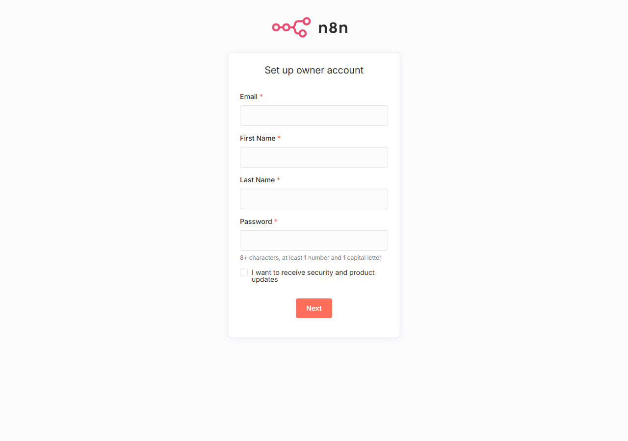 n8n workflow editor welcome screen displayed in a browser after a successful installation