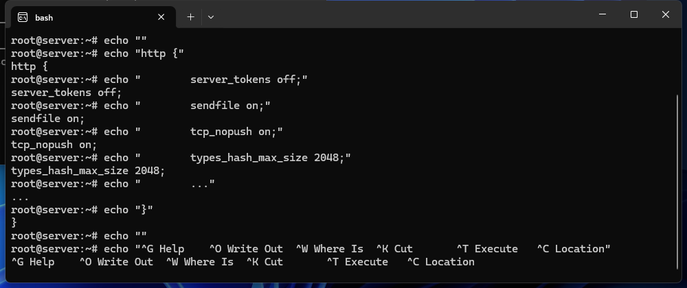 nano text editor displaying nginx.conf with server_tokens off directive inside the http block