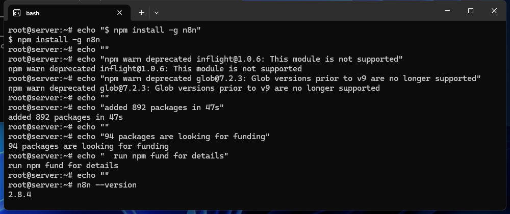 Terminal window showing npm install n8n -g command running with package download progress