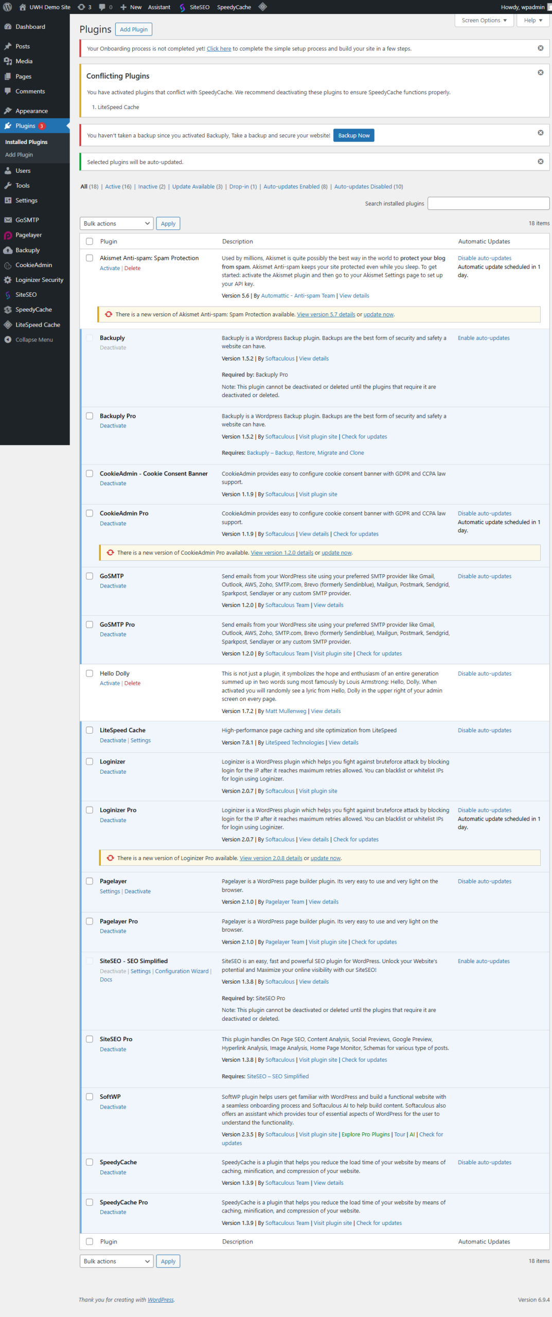 WordPress Installed Plugins page showing the Automatic Updates column with an Enable auto-updates link next to a plugin