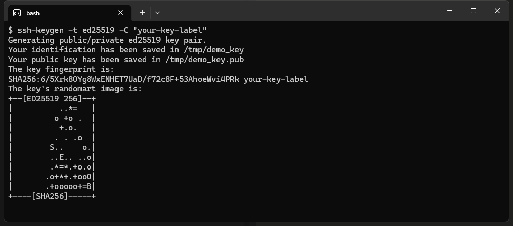 Terminal showing ssh-keygen output including the key fingerprint and randomart confirmation image