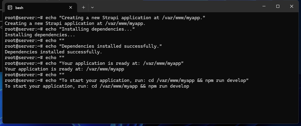 Terminal displaying the Strapi create-strapi-app installer running with dependency installation output