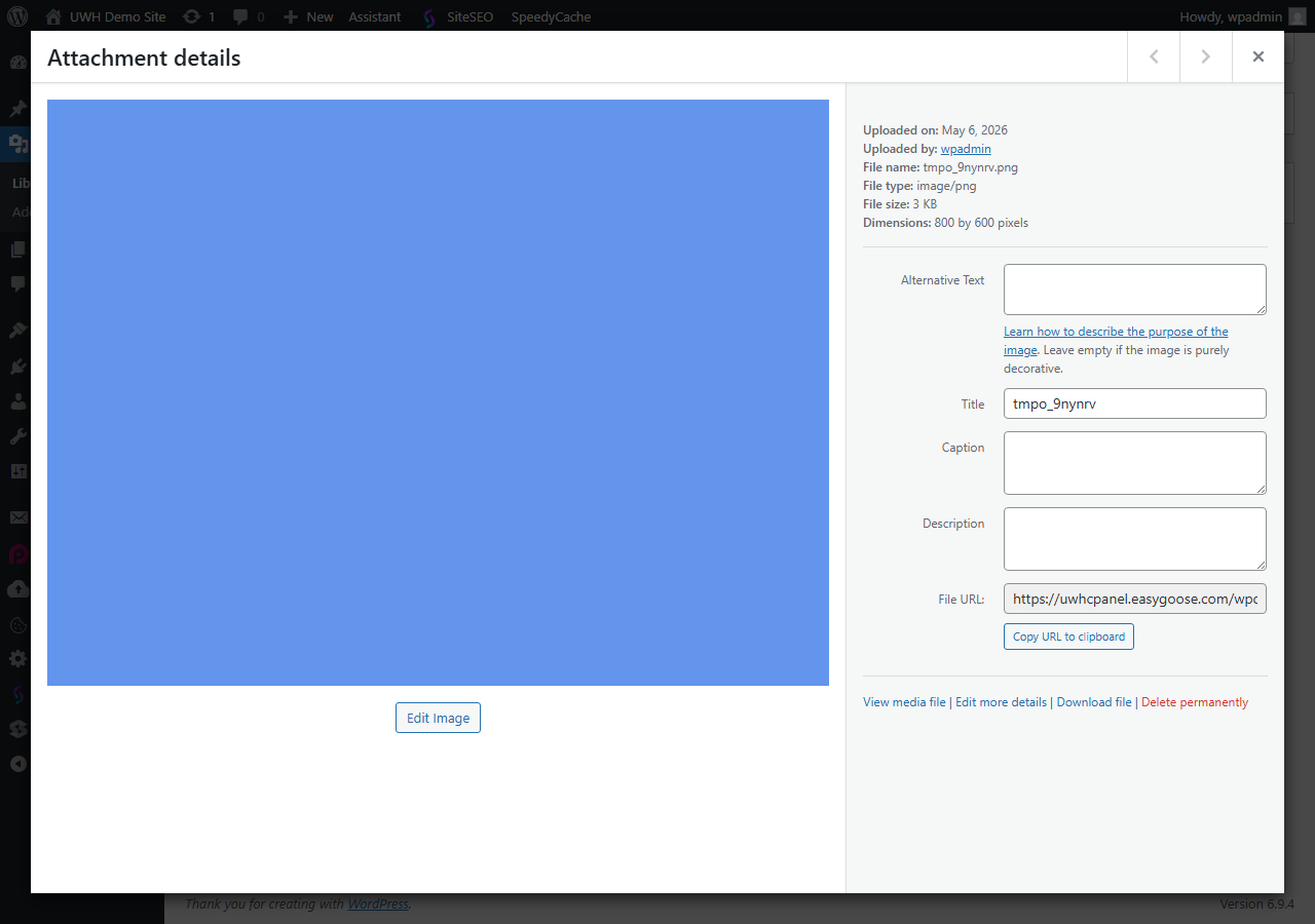 WordPress Media Library with attachment details panel open showing the file URL