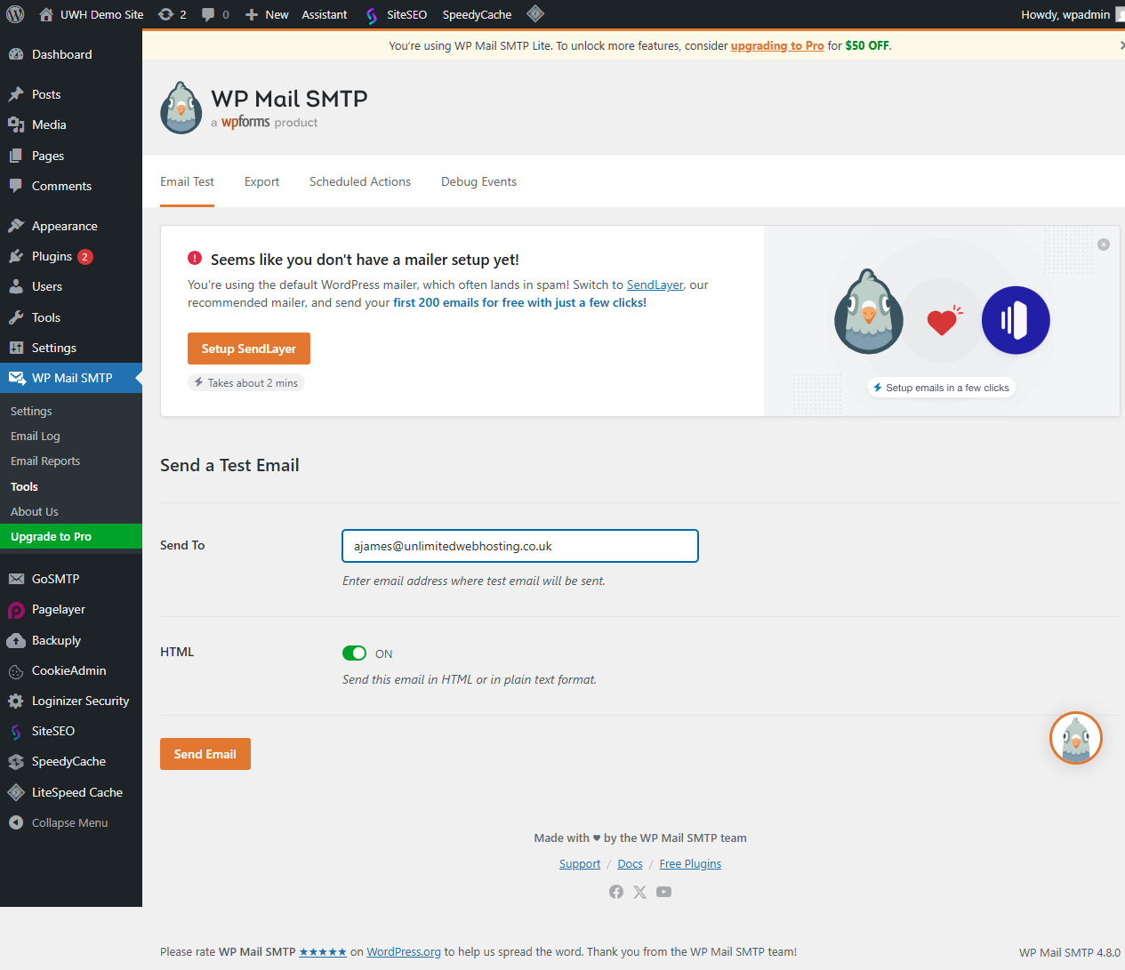 WP Mail SMTP Email Test tab with a green success banner confirming the test email was sent
