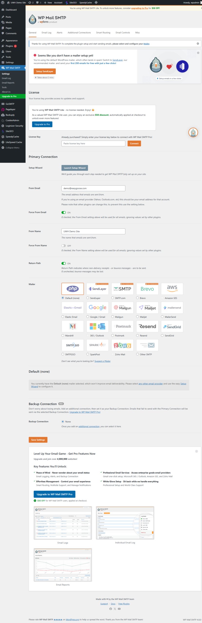 WP Mail SMTP settings page with Other SMTP selected and SMTP connection fields completed
