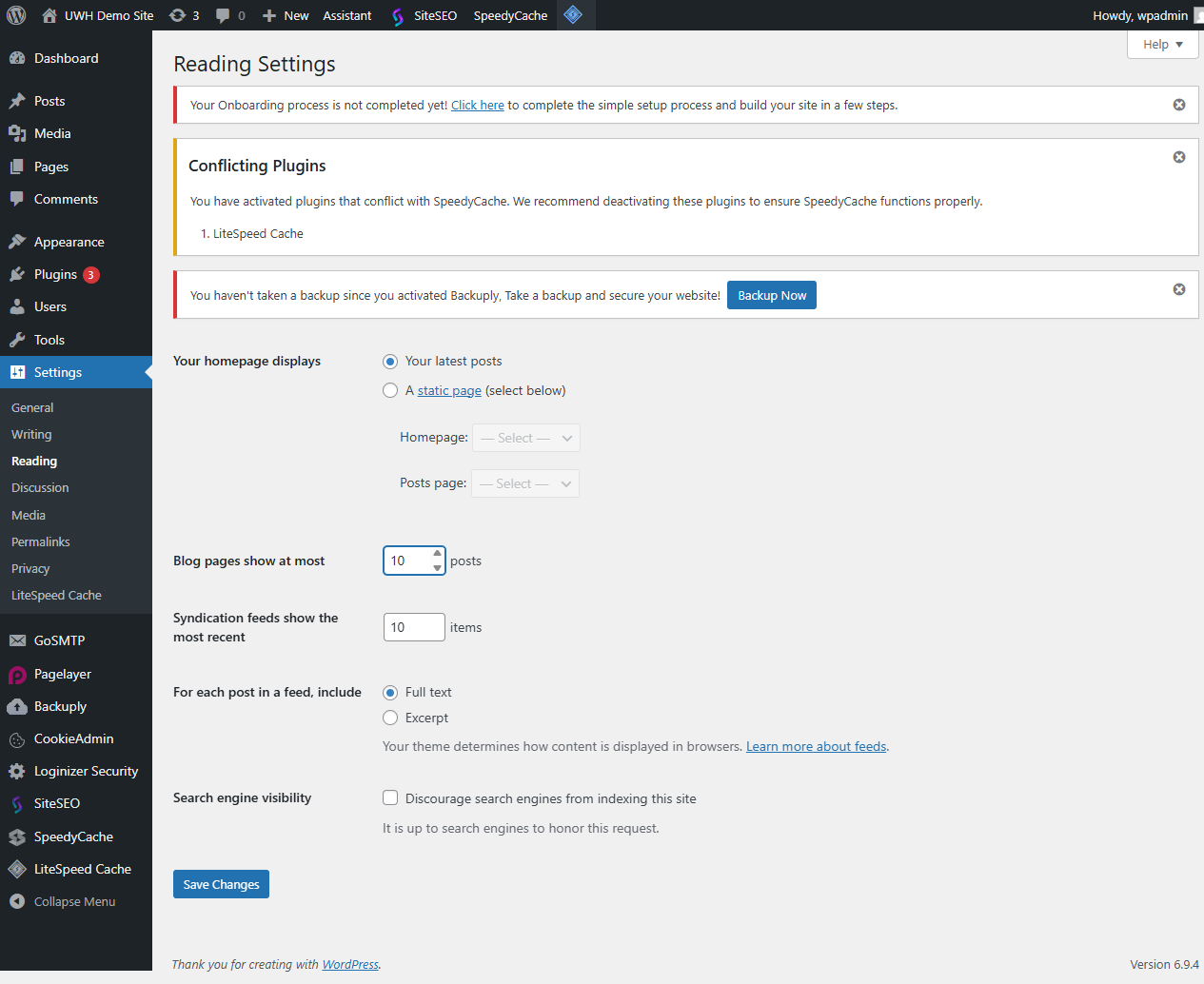 WordPress Reading Settings page with the Blog pages show at most field set to 10
