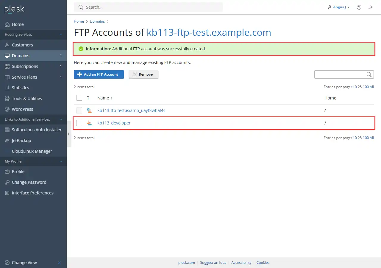 The FTP Accounts page in Plesk with a green message reading Information: Additional FTP account was successfully created, and the new account in the list, both outlined in red.