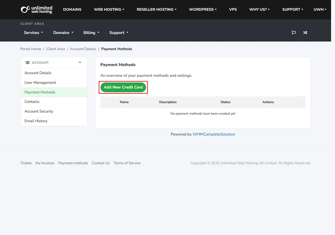 The Payment Methods page with the Add New Credit Card button outlined