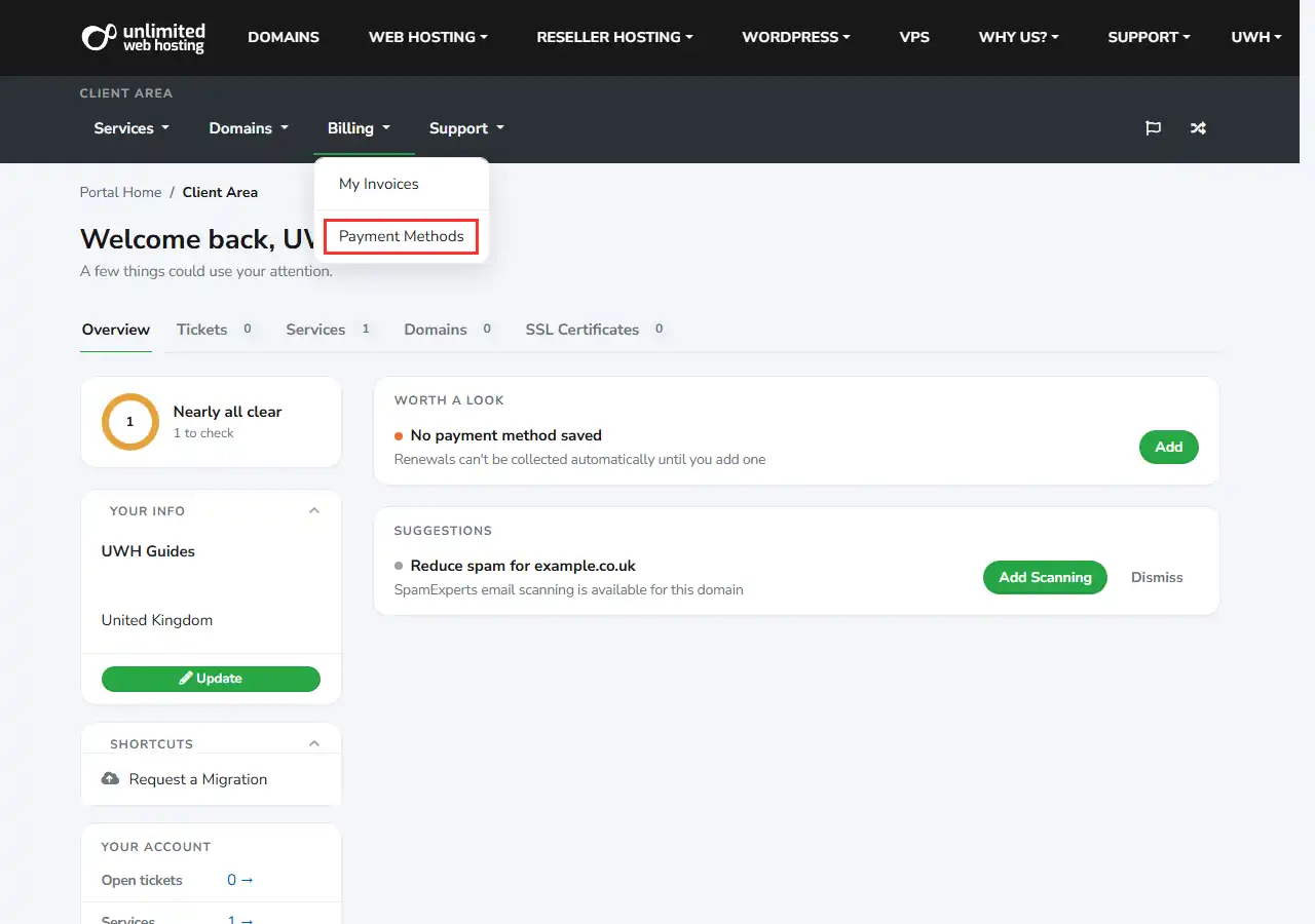 The client area top bar with the Billing menu open and Payment Methods outlined
