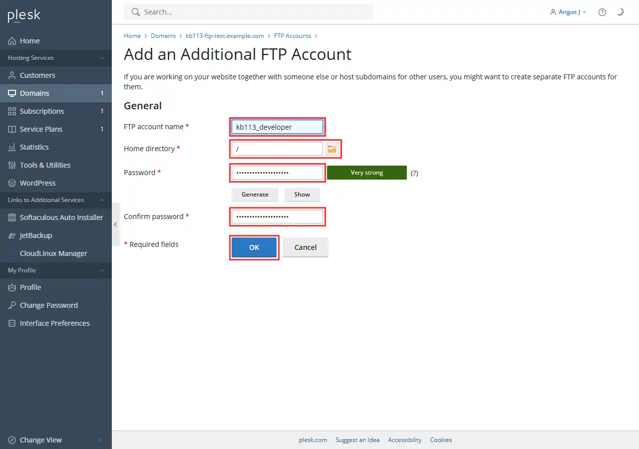 The Add an Additional FTP Account form in Plesk, filled in, with the FTP account name, Home directory, Password and Confirm password fields and the OK button outlined in red.