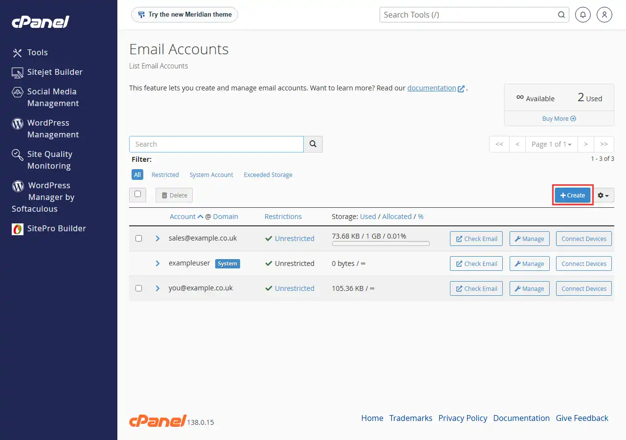 The Email Accounts page in cPanel, listing three accounts, with the blue Create button above the list outlined in red.