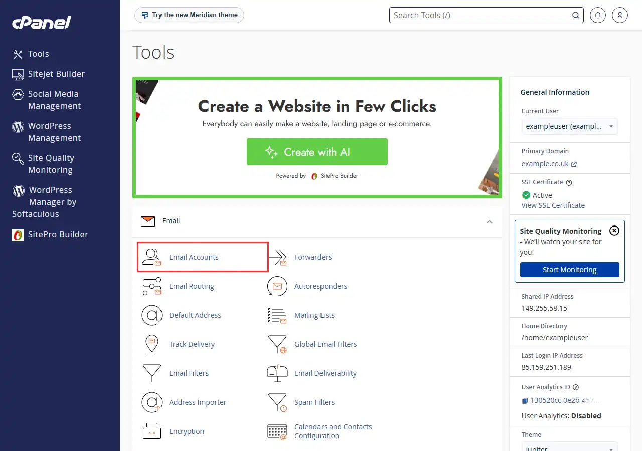 The cPanel Tools page with the Email section open and the Email Accounts icon outlined in red.