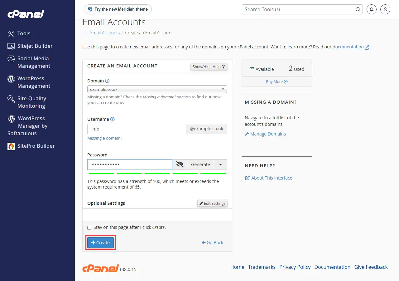 The same Create an Email Account form with the Create button at the bottom outlined in red.
