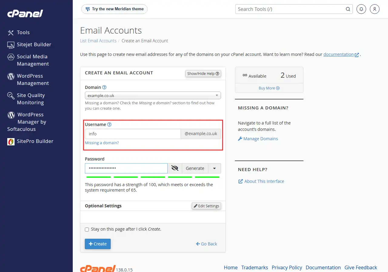 The Create an Email Account form in cPanel, filled in with a username and a password, with the Username field and its @example.co.uk domain outlined in red.