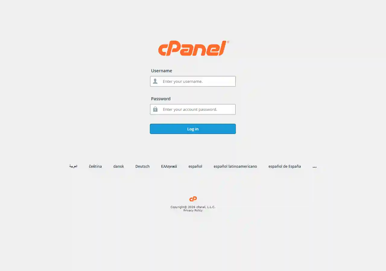 The cPanel login page with Username and Password fields and a Log in button.