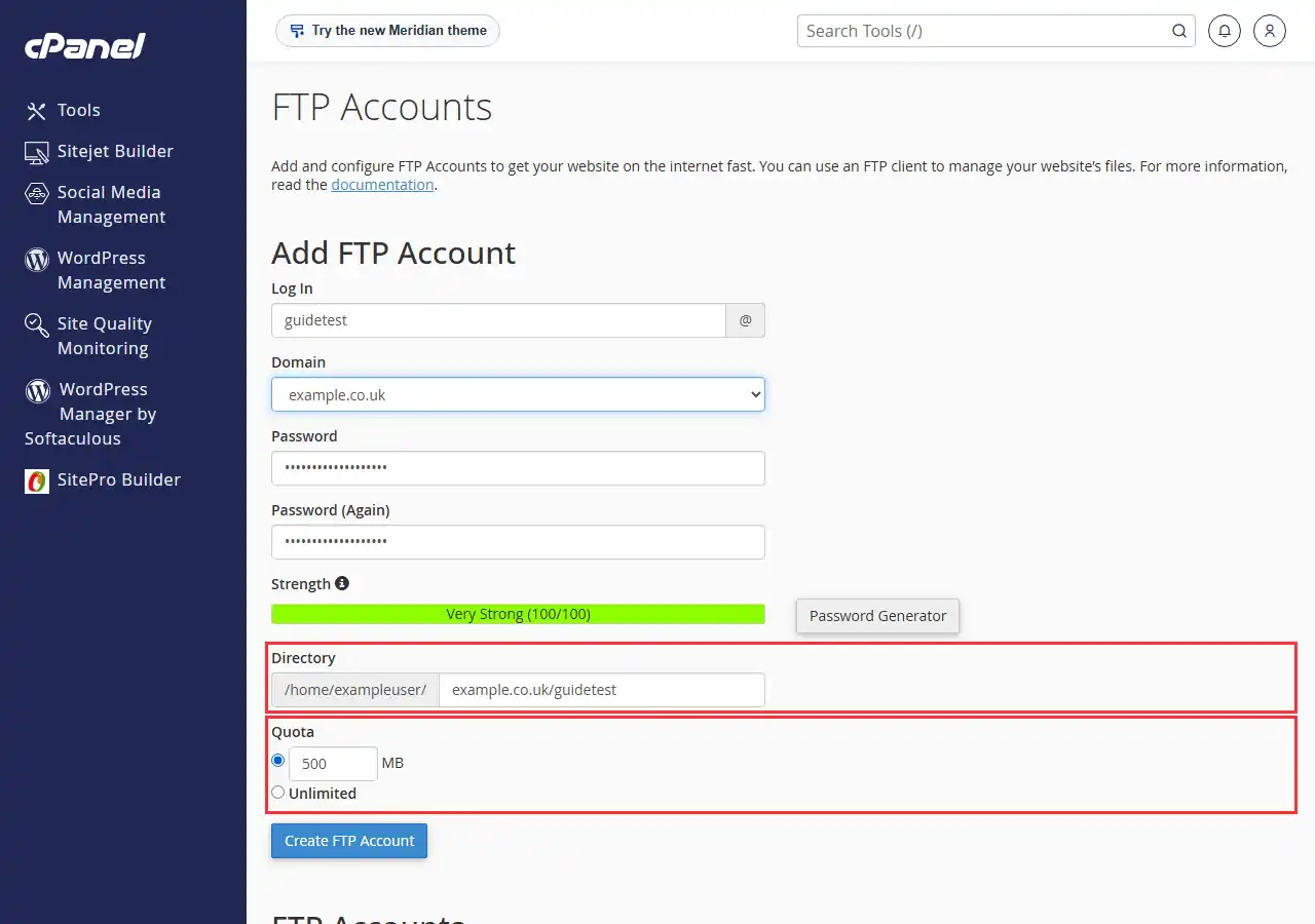 The Add FTP Account form in cPanel, filled in with a login, domain and password, with the Directory field and the Quota field outlined in red.