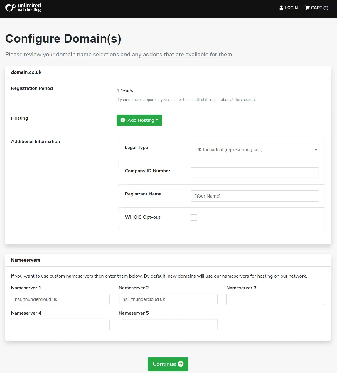 The Configure Domain(s) page of the order, showing the registration period, hosting, additional information and nameserver fields above a Continue button.