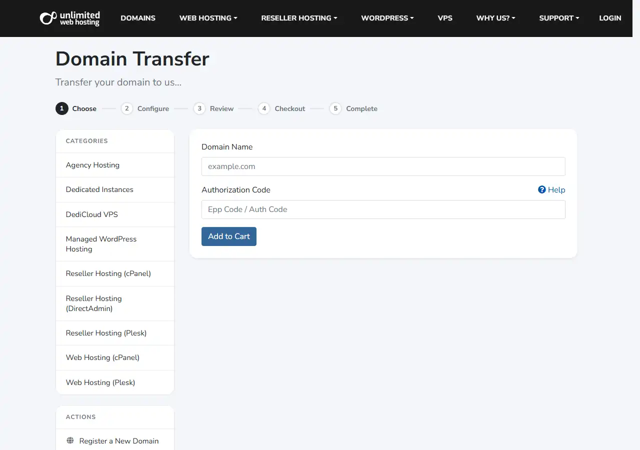 The Domain Transfer page showing the Choose, Configure, Review, Checkout and Complete steps, with a Domain Name field, an Authorization Code field for the EPP or auth code, and an Add to Cart button.
