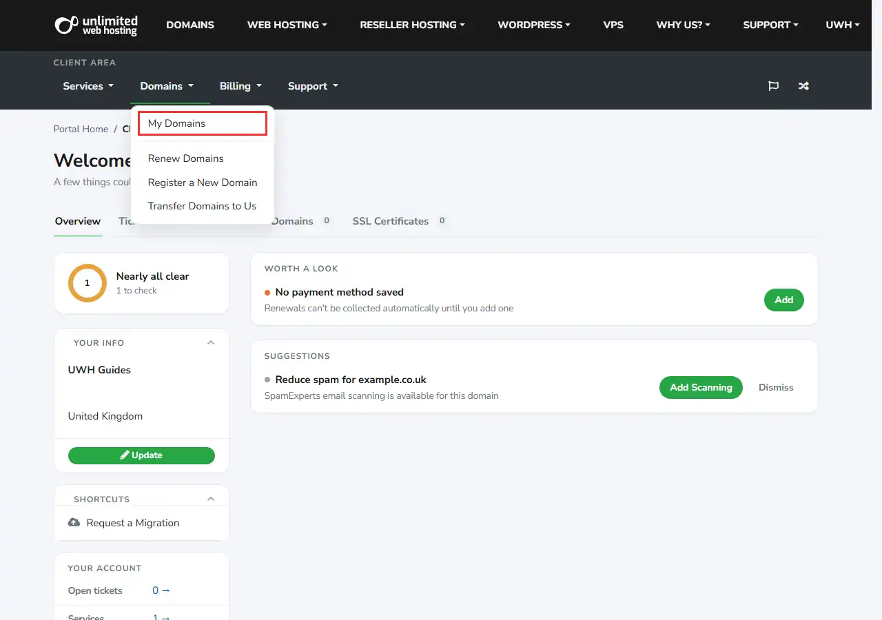 The client area top bar with the Domains menu open and My Domains outlined