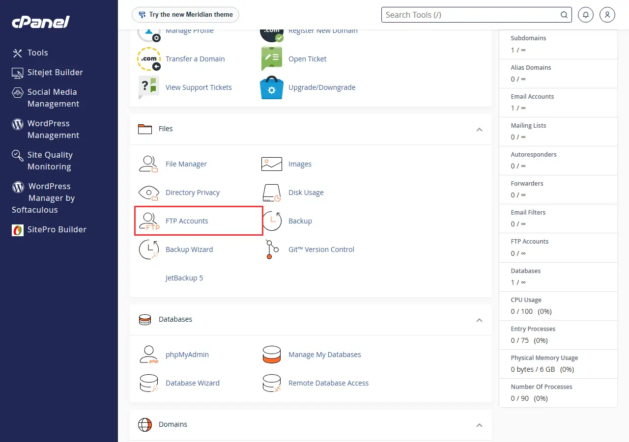 The cPanel home page with the Files section open and the FTP Accounts icon outlined in red.