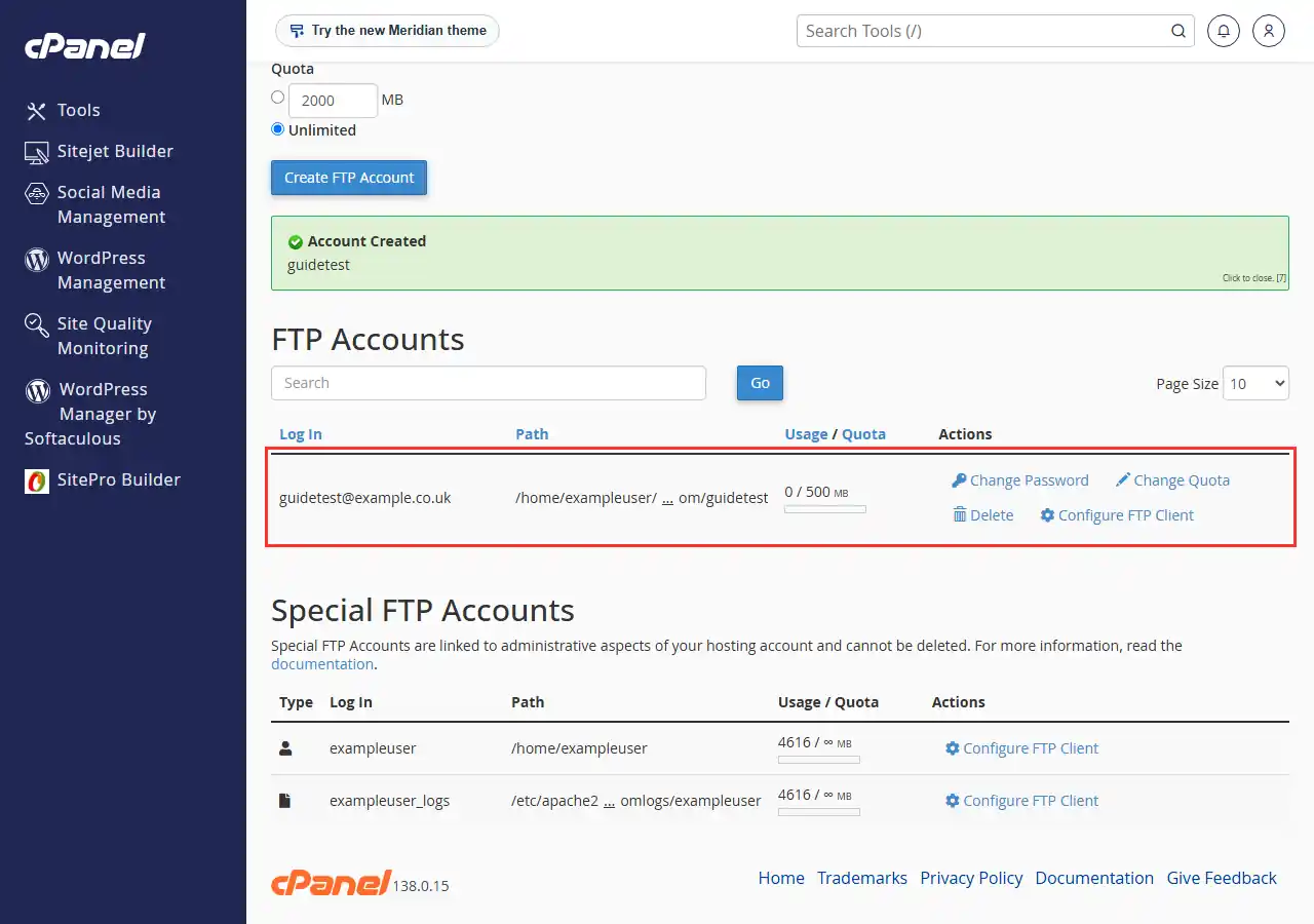 The FTP Accounts table in cPanel showing the new account, its path, its usage against its quota and its Change Password, Change Quota, Delete and Configure FTP Client links, above the Special FTP Accounts table.