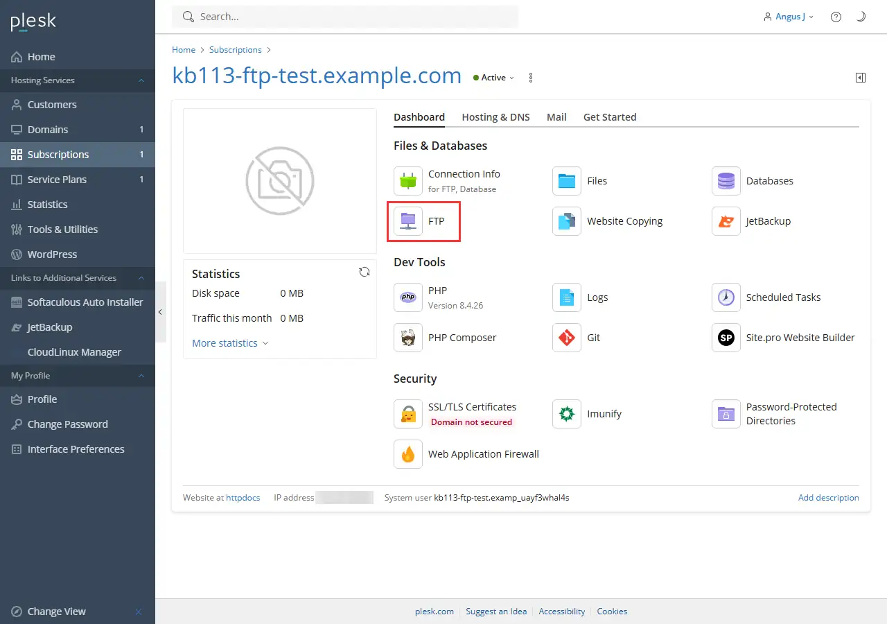 The Plesk domain Dashboard with the FTP tool, in the Files & Databases group, outlined in red.
