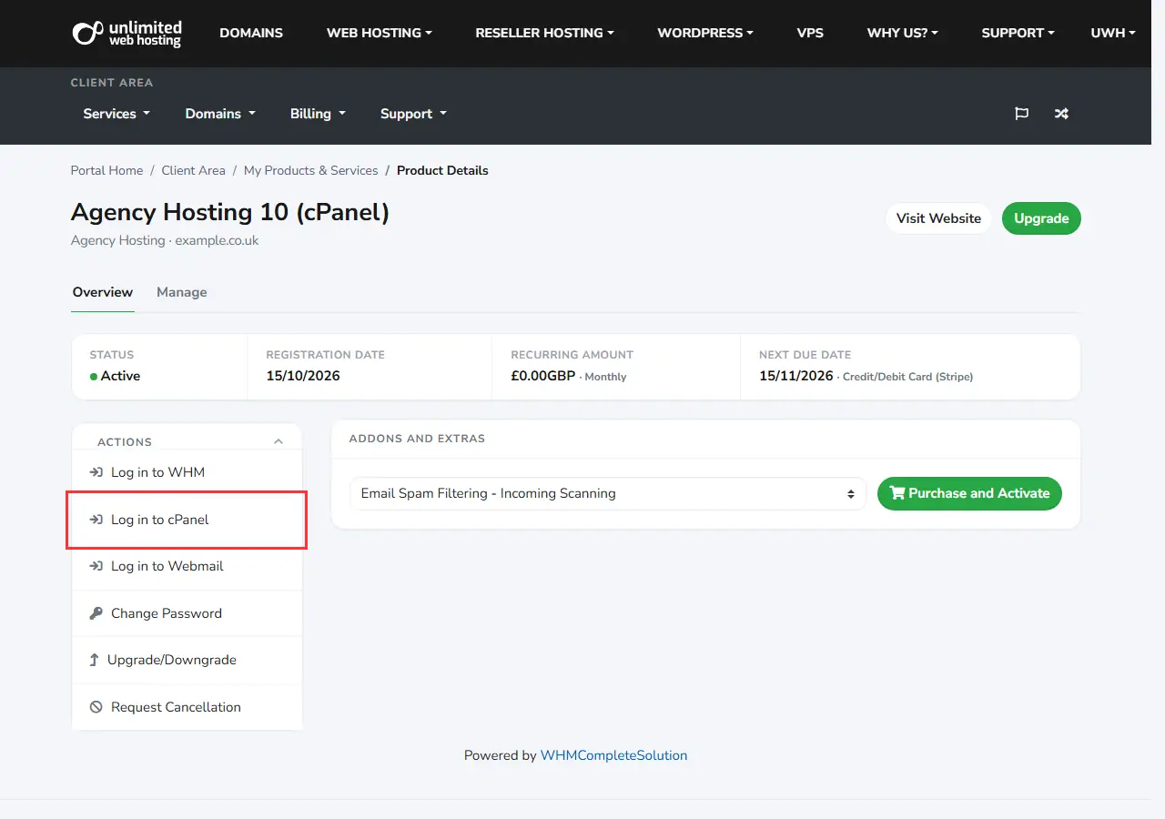 A hosting service page in the client area with the Actions list on the left and the Log in to cPanel item outlined in red.