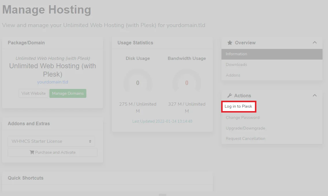 The Login to Plesk button in the client area.