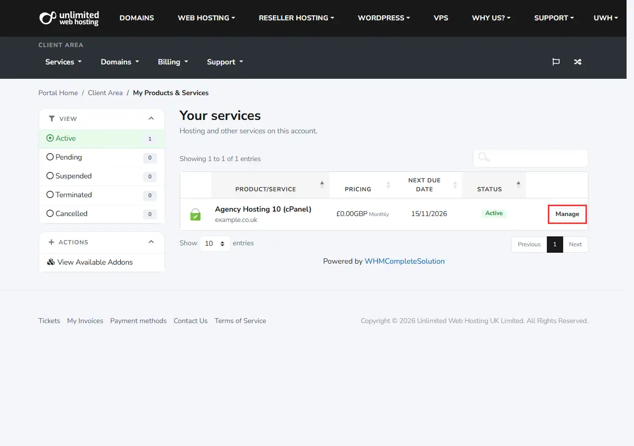 The My Products & Services page of the client area, listing one hosting service with its Manage button outlined in red.