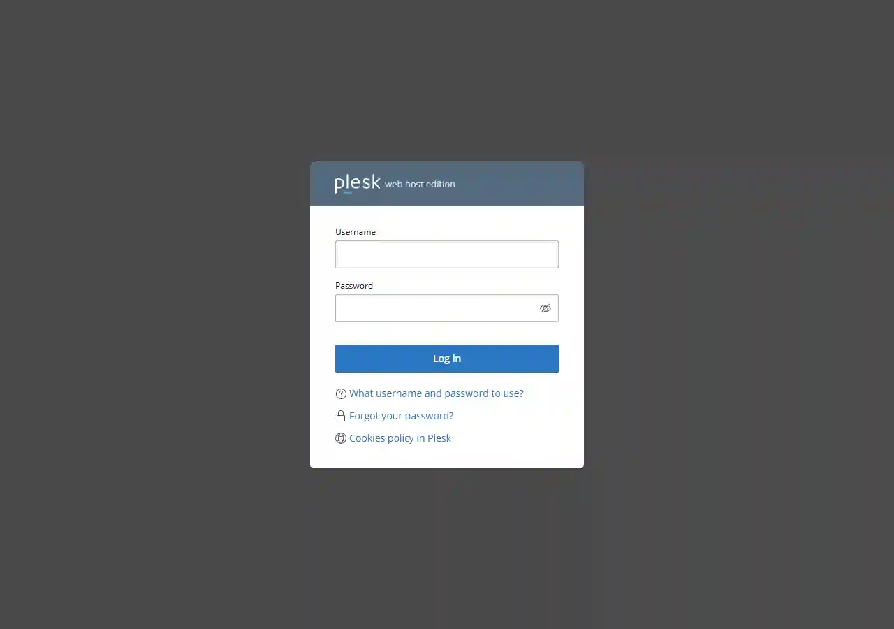 The Plesk login page with Username and Password fields and a Log in button.