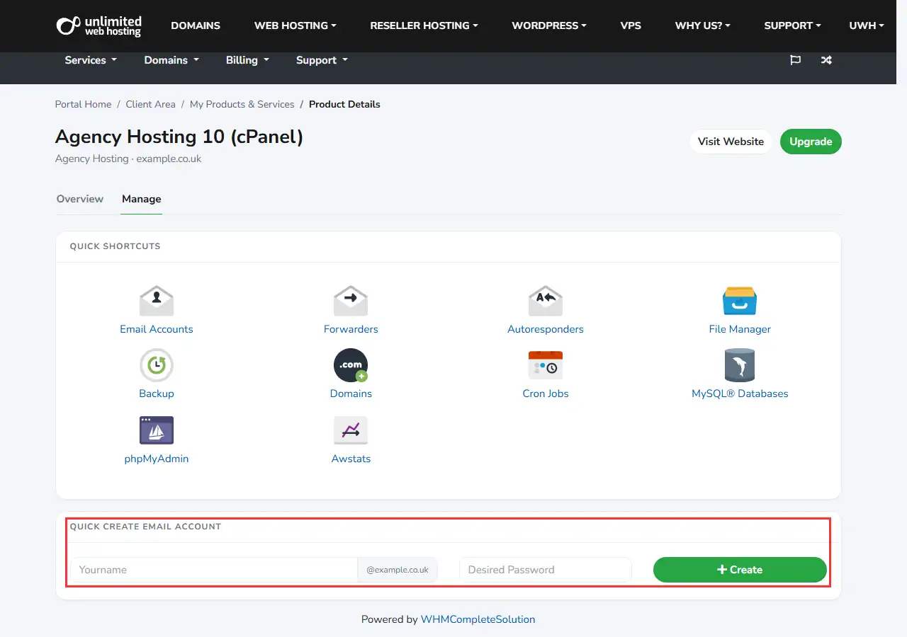 The Manage tab of a hosting service, with the Quick Create Email Account box outlined in red. It holds a name field ending in the domain, a Desired Password field and a green Create button.
