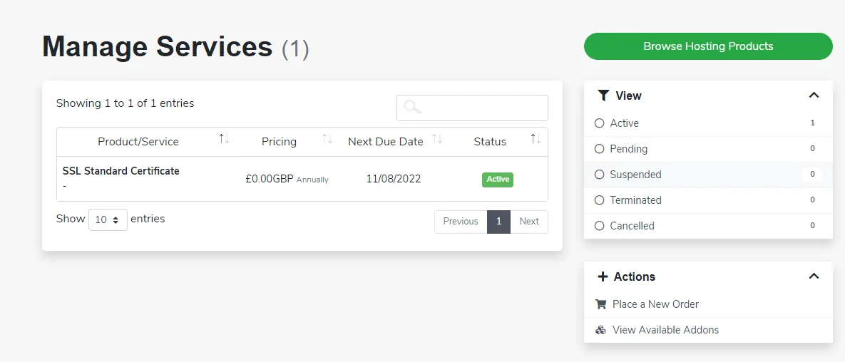 The Manage Services page listing an SSL Standard Certificate with its price, next due date and an Active status.