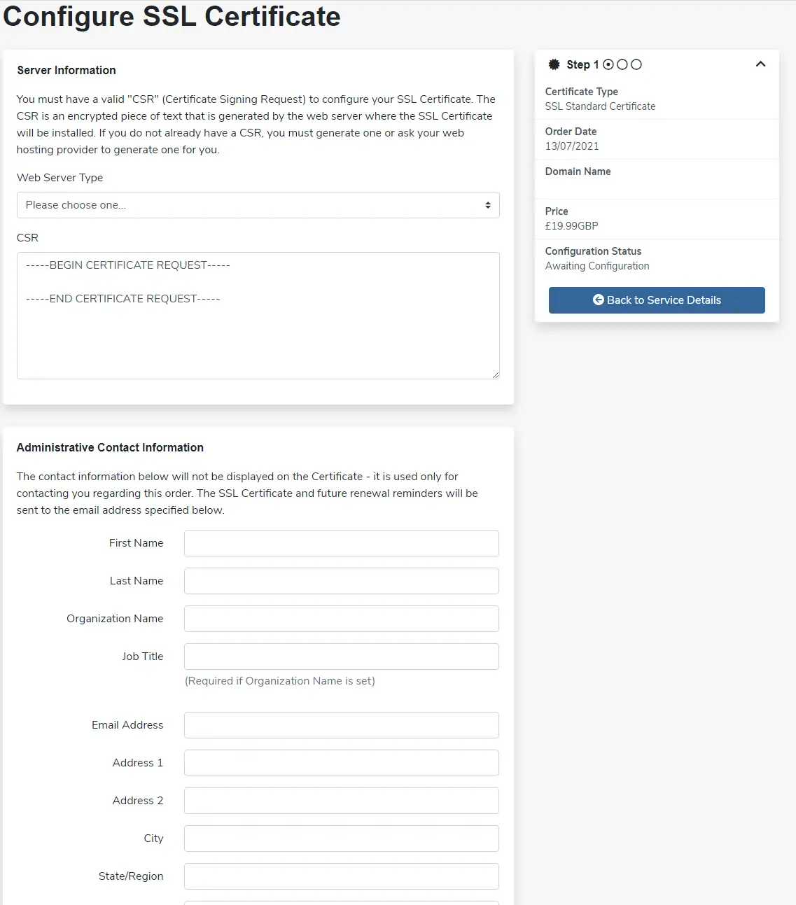 The Configure SSL Certificate page, with a Web Server Type menu and a CSR box under Server Information, above the Administrative Contact Information fields.