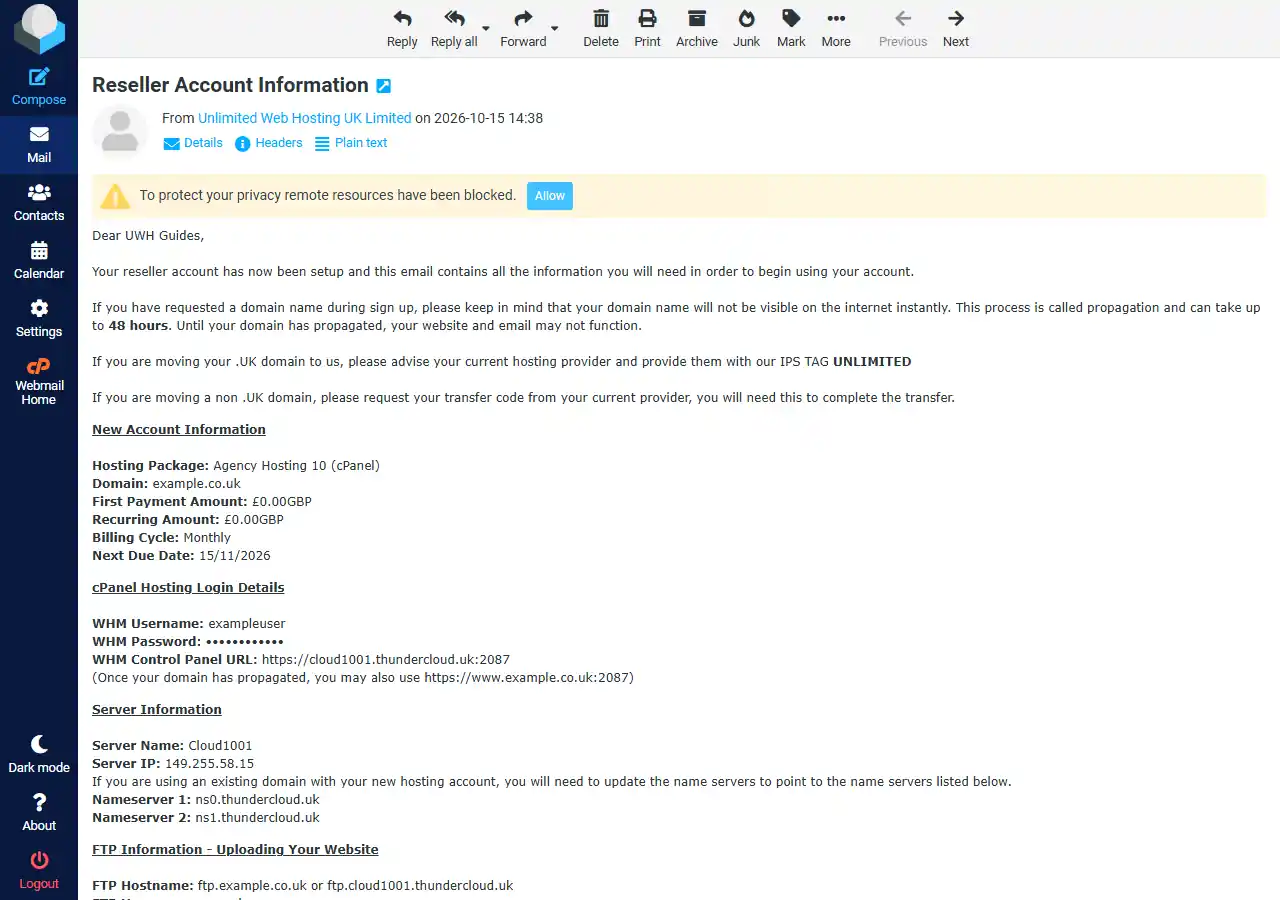 The Reseller Account Information welcome email, showing the WHM username, WHM password hidden, WHM control panel URL on port 2087, server name, server IP address and nameservers.