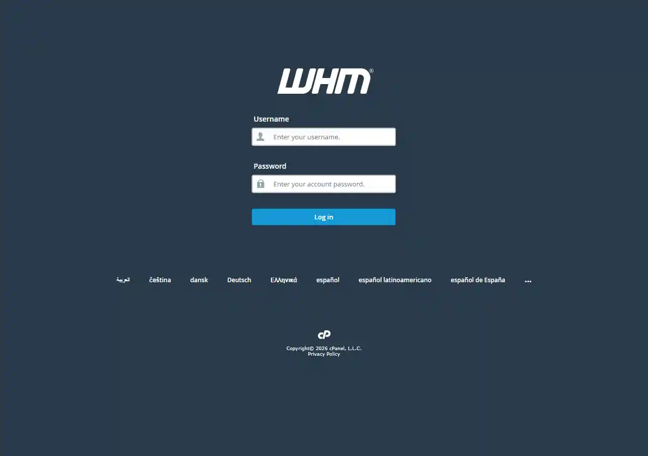 The WHM login page with Username and Password fields and a Log in button on a dark background.